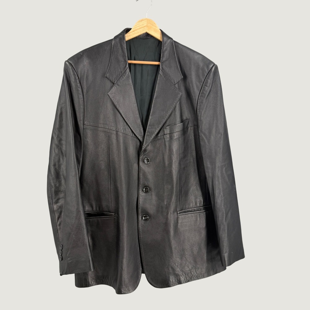 Men's‎ Genuine Leather Blazer Jacket Black 3 Button Structured Size 54